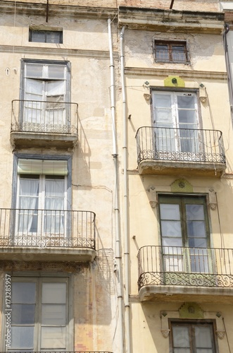 Balconies on residential building in Figueres, Spain.