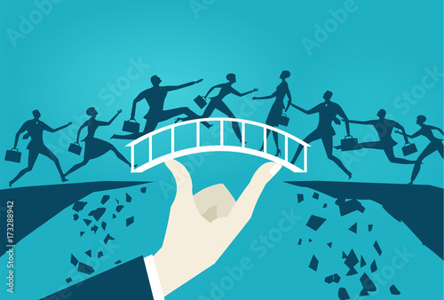 Business people running over the safe bridge from the falling canyons. Opportunity and taking a risk concept illustration. 