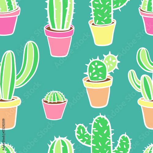 Seamless pattern with cactus. Pattern of cactus. Cacti in pots. Cute cartoon cactus pattern.