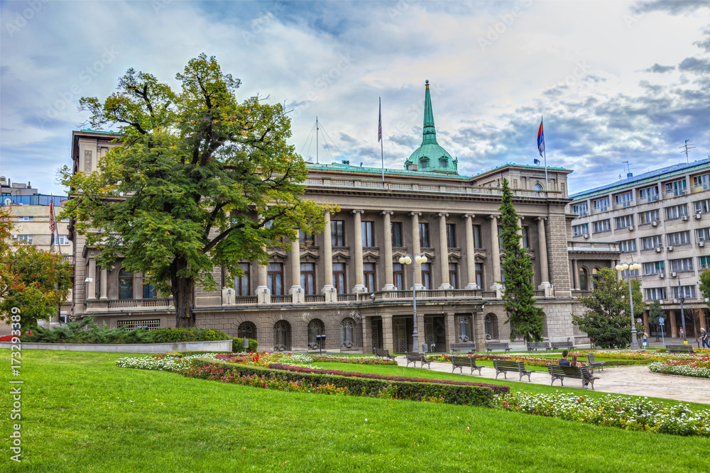 Naklejka premium Palace of the Old Castle and park with flowers and benches, HDR Image.