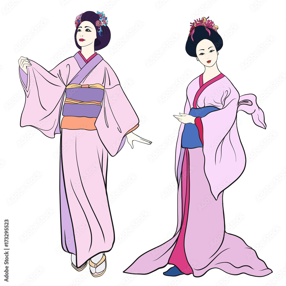 Young women in traditional Japanese kimono, isolated drawing. St vector de  Stock | Adobe Stock
