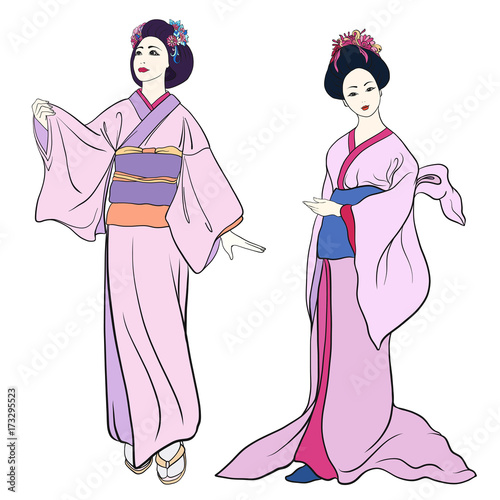 Young women in traditional Japanese kimono, isolated drawing. St