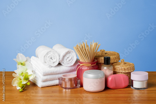 Composition of spa treatment on wooden table