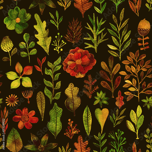 Watercolor texture with flowers and plants. Floral ornament. Original flowers