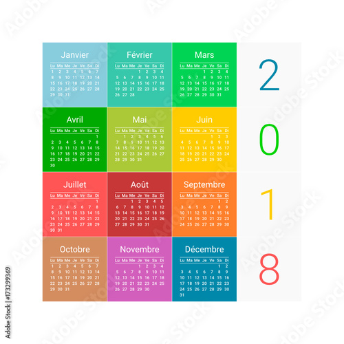 calendrier français 2018 multicolore