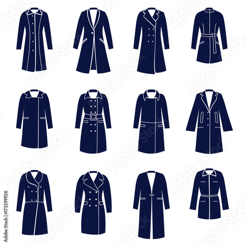 Different types of women coats as glyph icons
