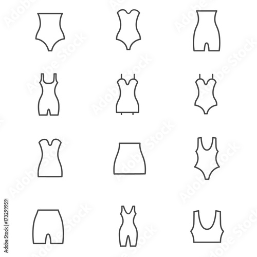 Different types of woman's waist corrective underwear as line icons