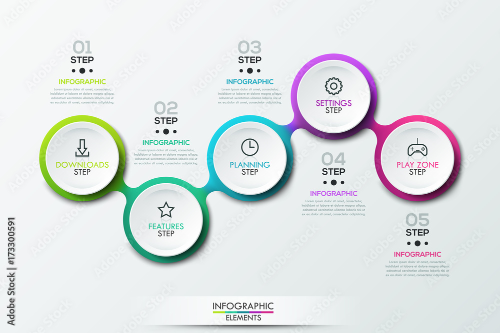 Infographic design template with 5 connected circular elements Infographic design template with 5 connected circular elements