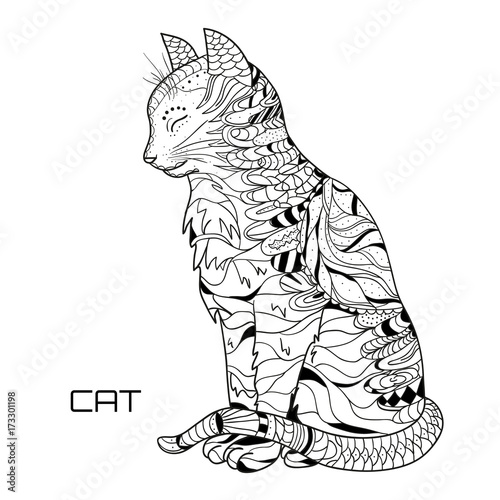 Cat. Design Zentangle. Hand drawn cat with abstract patterns on isolation background. Design for spiritual relaxation for adults.  Black and white illustration for coloring. Zen art
