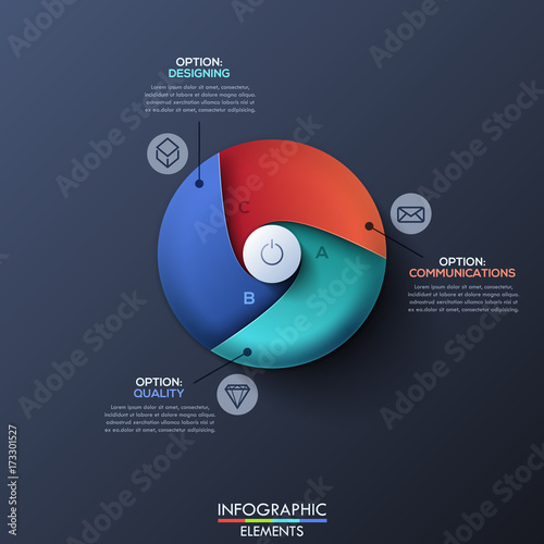 Infographic design template with circle divided by 3 lettered spiral sectors and start button in center