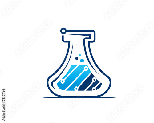 tech lab logo, circuit lines with flask icon, icon design, isolated on white background.