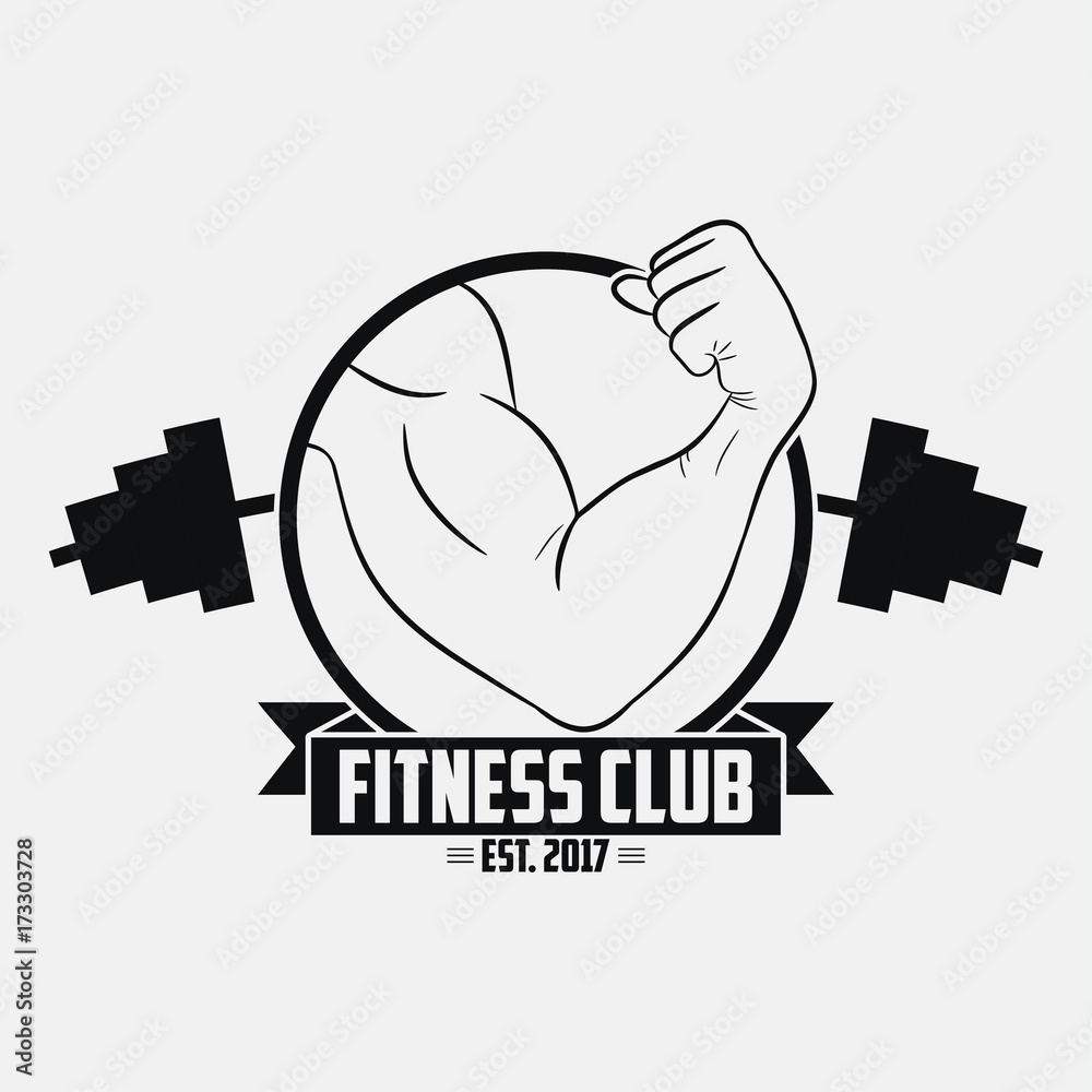 Fitness club. GYM logo with muscular hand and barbell . Typography ...
