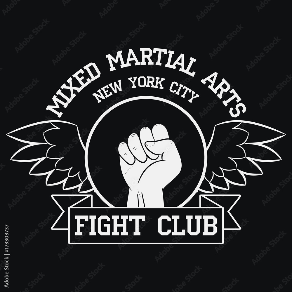 Fight Club logo. New York, MMA, Mixed Martial Arts. Fighting typography for  design clothes, t-shirts, apparel. Sport print with fist, ribbon and wings.  Vector illustration. Stock Vector | Adobe Stock