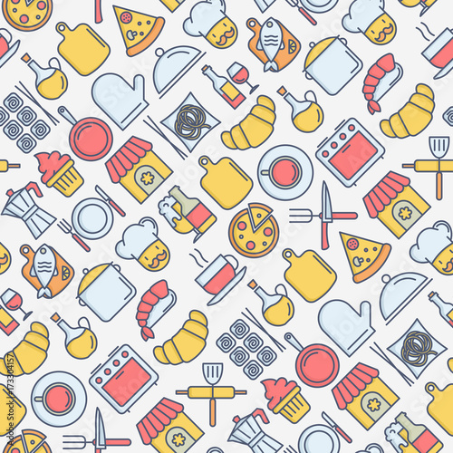 Restaurant seamless pattern with thin line icons: chef, kitchenware, food, beverages for menu or print media. Vector illustration for banner, web page.