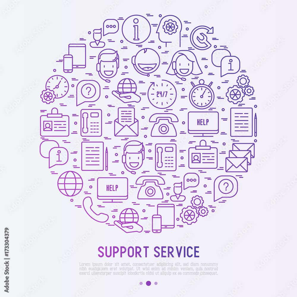 Support service concept in circle with thin line call center or customer service icons. Vector illustration for banner, web page of support center.