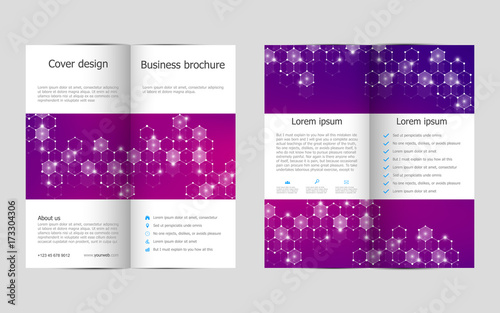 Bi-fold business brochure template with molecular structure background, vector illustration.