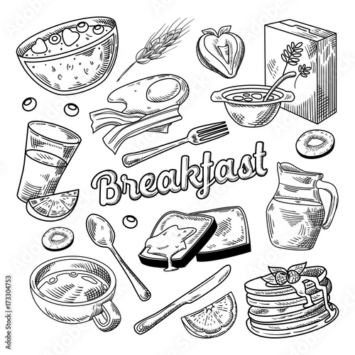 Healthy Breakfast Hand Drawn Doodle. Food and Drink Sketch. Cornflakes Pancakes Juice and Fruits. Vector illustration photo