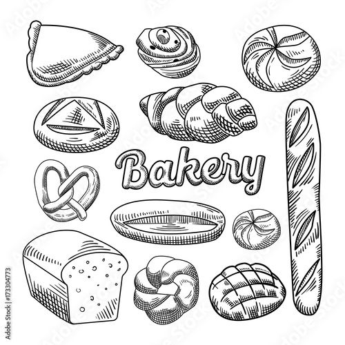 Bread Bakery Food Hand Drawn Doodle. Baguette Bagel Pastry Sketch. Vector illustration