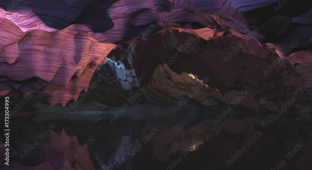 cave, underground lake, 3D rendering
