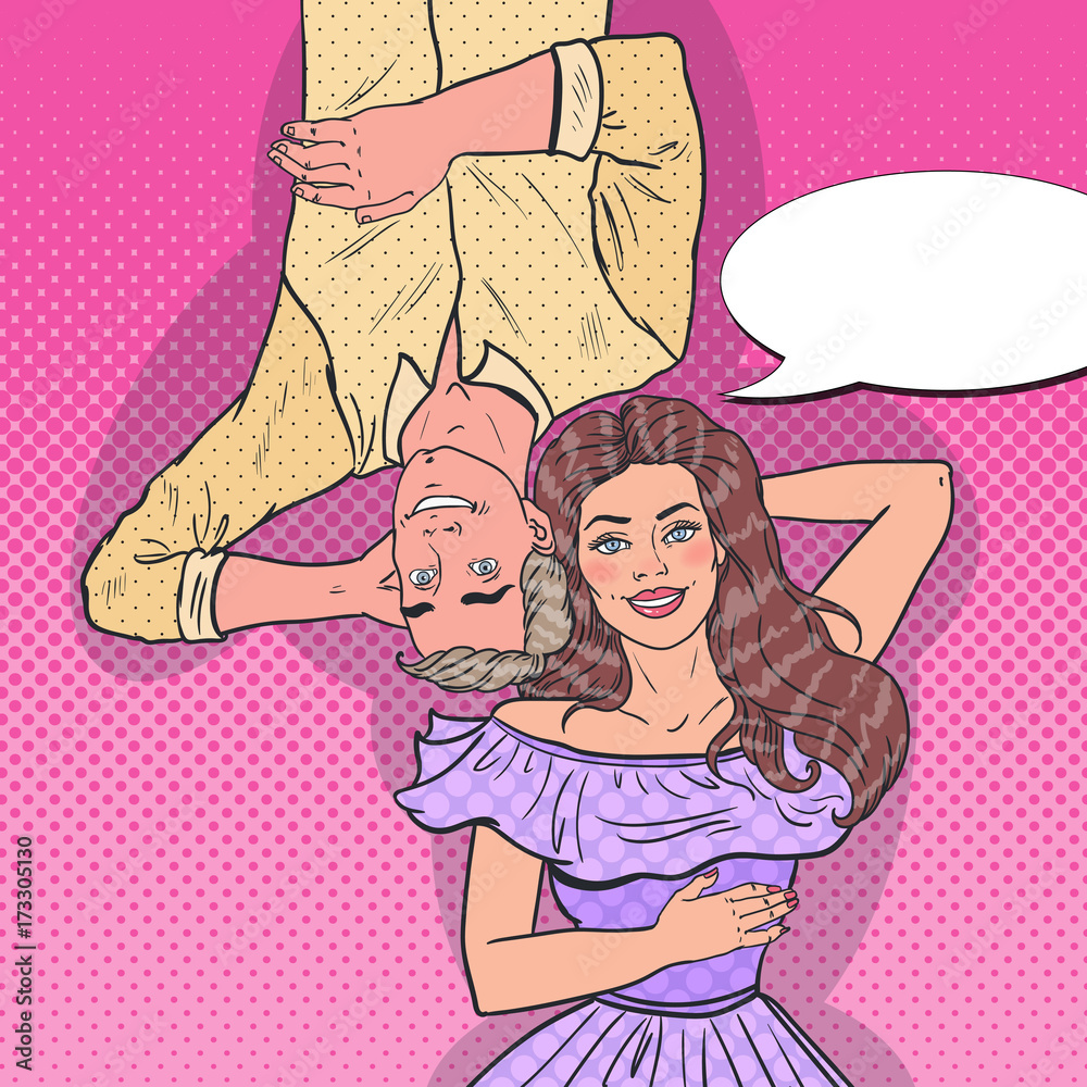 Pop Art Happy Young Couple in Love Laying Down. Romantic Relationships. Vector illustration Pop Art Happy Young Couple in Love Laying Down. Romantic Relationships. Vector illustration