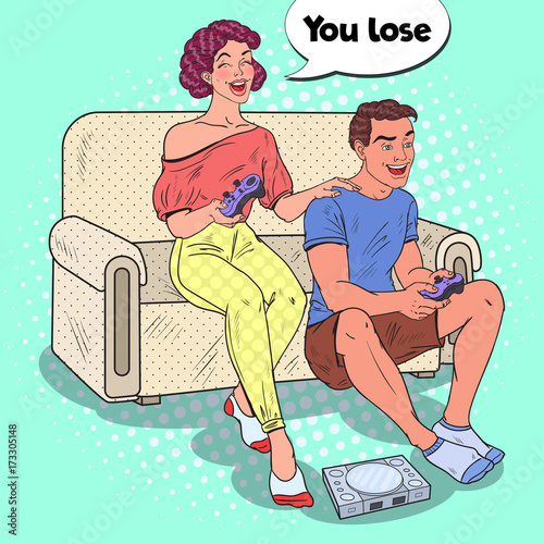 Pop Art Couple Playing Video Game. Girl and Guy with Console Joystick. Vector illustration
