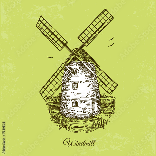 Windmill. Vintage style. Vector illustration.