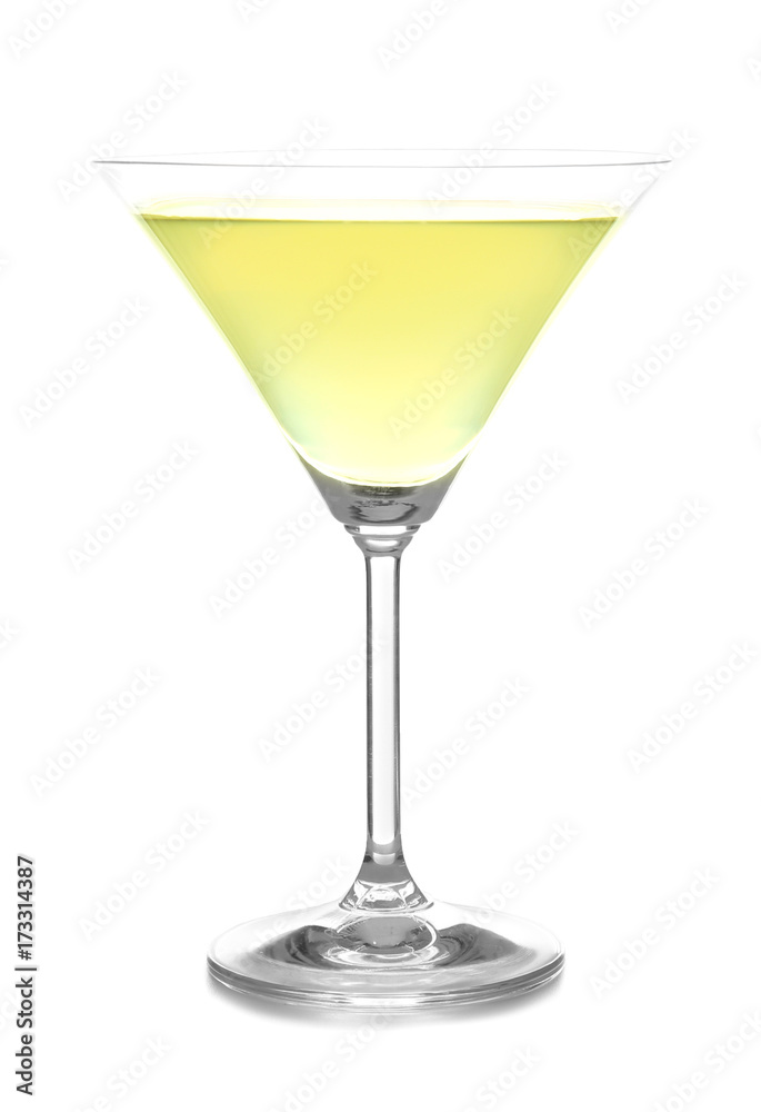 Glass of lemon drop martini on white background