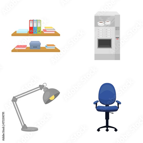 Shelves, folders and notebooks with business records, a coffee machine with cups, an armchair with a backrest on wheels, a desk lamp. Office Furniture set collection icons in cartoon style vector