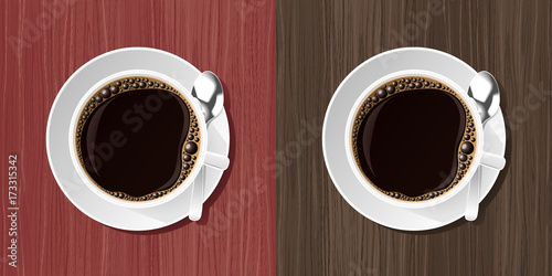 Coffee Cup. Top view at white cup with a fresh coffee standing on a saucer beside a coffee spoon. Vector illustration with a different wooden textures.