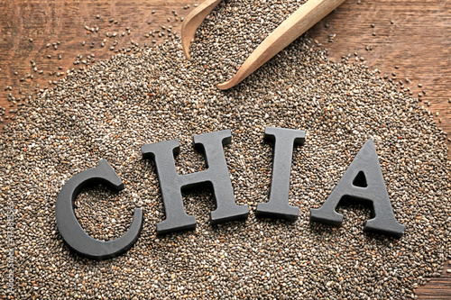 Chia seeds with letters on table