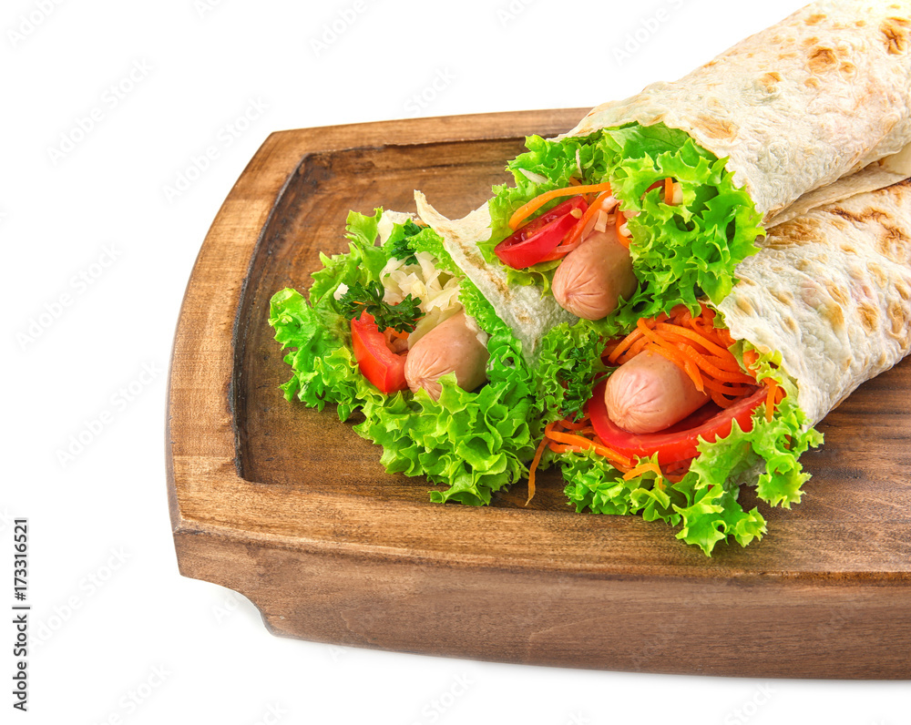 Tasty lavash rolls with sausages and vegetables, isolated on white