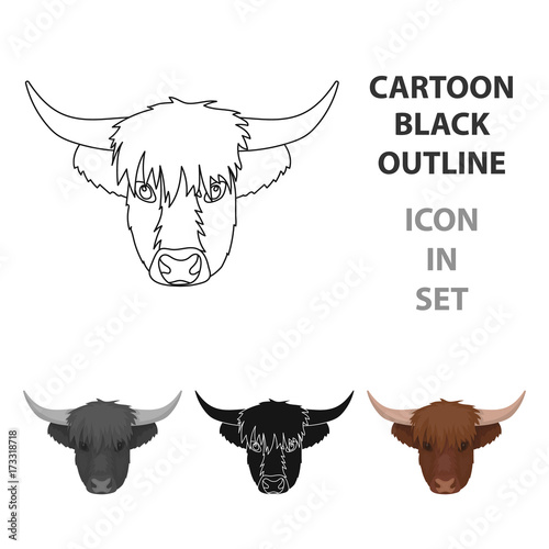Highland cattle head icon in cartoon style isolated on white background. Scotland country symbol stock vector illustration.