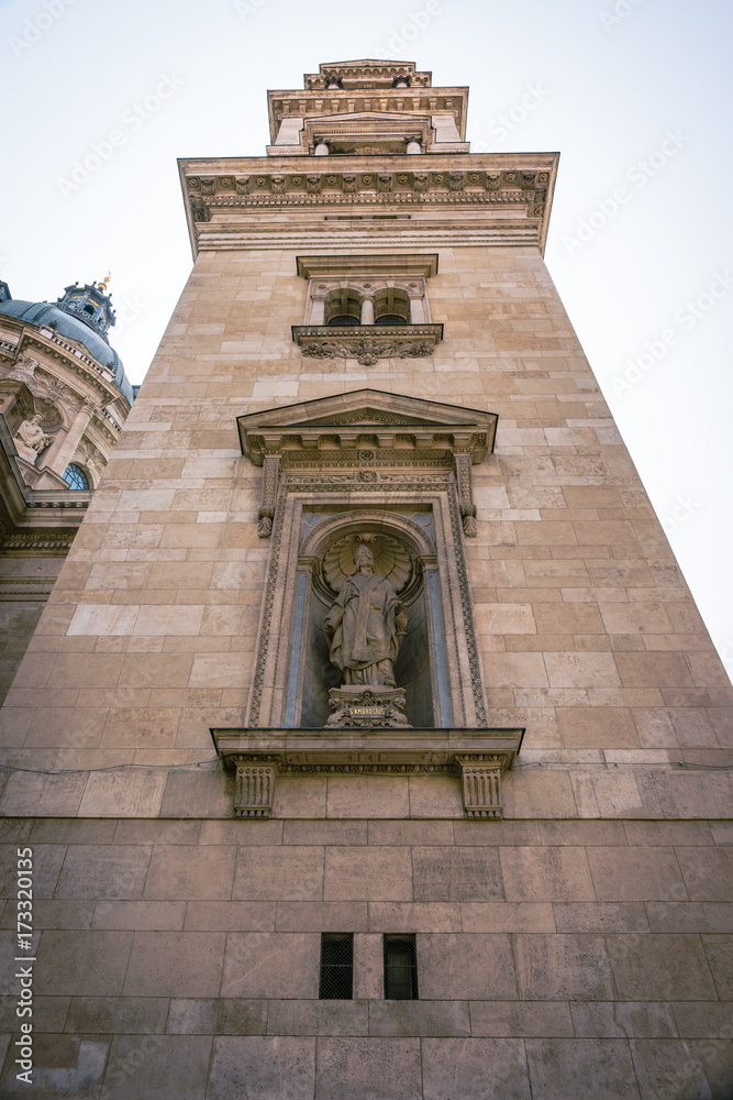 St. Stephen's Basilica, the largest church in Budapest, Hungary. Exterior in summer sun light with blue sky