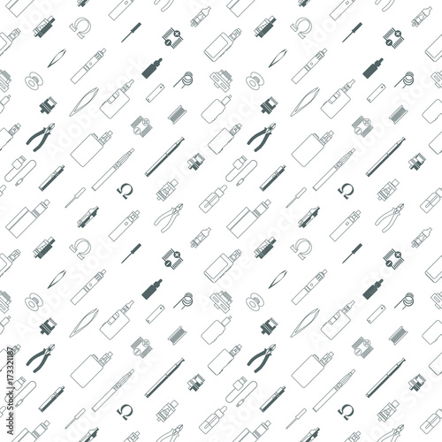 vape patterns of e cigarette, e liquid, vape devices and tools, vaping seamless background. 