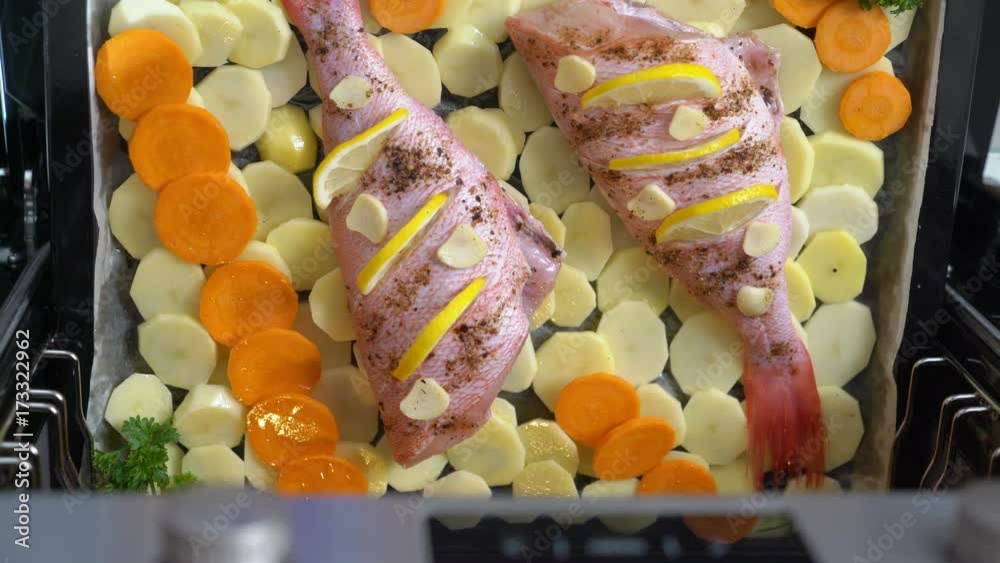 Video Stock Woman cooking whole roasted fish rockfish baked in the oven