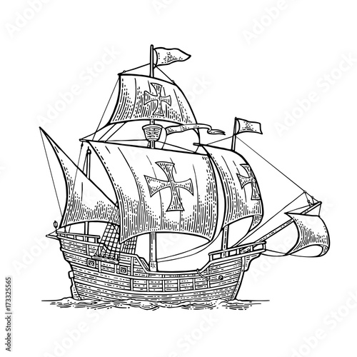 Sailing ship floating on the sea waves. Caravel Santa Maria.