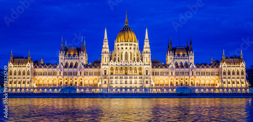 Night view of the Hungarian Parliament and the Danube River in Budapest, Hungary