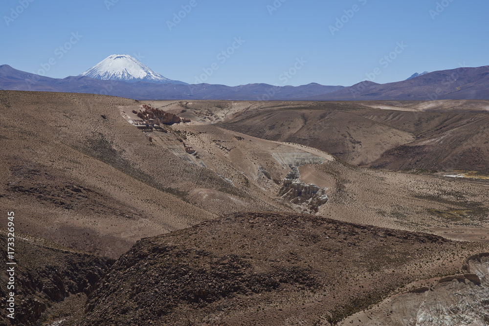 Eroded rock formations along Quebrada Chuba, a river valley high on the Altiplano of northern Chile in Lauca National Park. Snow capped peak of Volcano Parinacota in the distance.