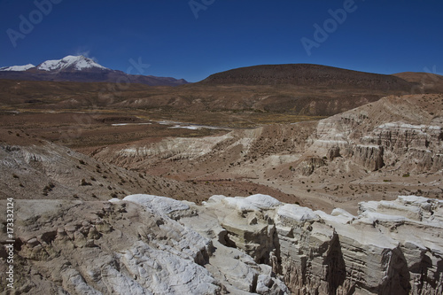 Eroded rock formations along Quebrada Chuba  a river valley high on the Altiplano of northern Chile in Lauca National Park. Snow capped peak of Volcano Guallatiri in the distance.