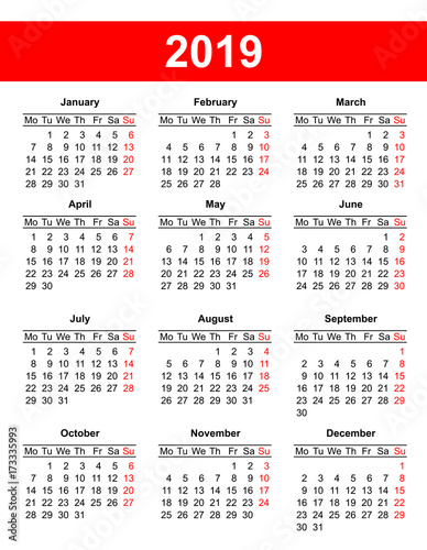 European calendar grid 2019 in vector