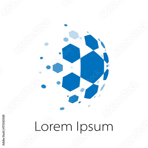 Abstract vector spheric logo of honeycomb cells like a comet or soccer ball with desintegrating pieces