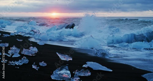 Icebergs Beach at Jökulsárlón Glacier Lagoon in Iceland