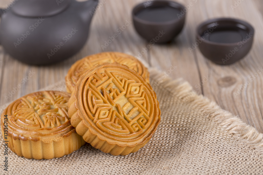 Mooncake and tea,Chinese mid autumn festival food. Closuep.