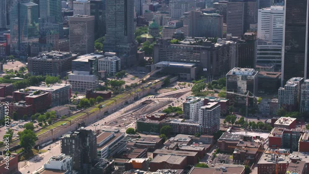 Montreal Quebec Aerial v122 Birdseye view flying low over downtown buildings 7/17