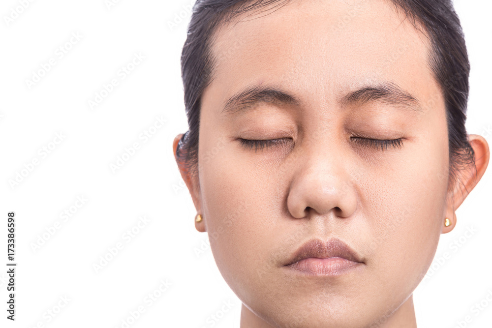 Asian woman showing face skin problem with big eyes bag, skin pore. Isolated on white background. Skin and health care concept Asian woman showing face skin problem with big eyes bag, skin pore. Isolated on white background. Skin and health care concept