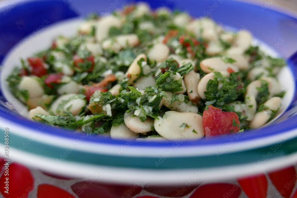 Bohnensalat mit weißen Bohnen, Tomatenstückchen und vielen gehackten Kräutern auf einem Teller mit blauem und grünem Rand in starker Nahaufnahme mit geringer Schärfentiefe Bohnensalat mit weißen Bohnen, Tomatenstückchen und vielen gehackten Kräutern auf einem Teller mit blauem und grünem Rand in starker Nahaufnahme mit geringer Schärfentiefe