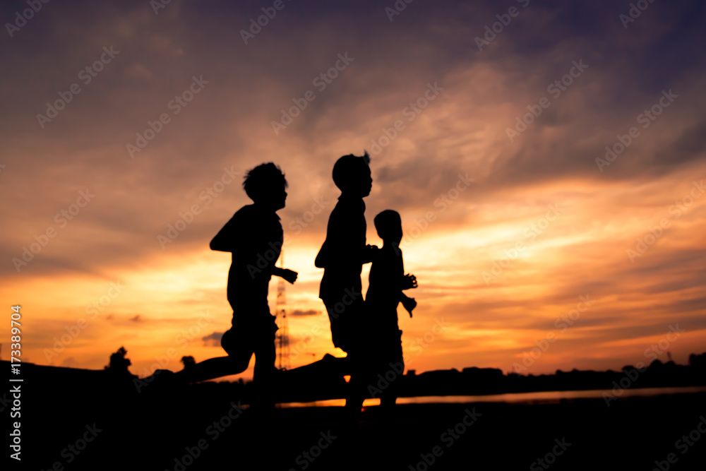 Silhouette of people  jogging for exercise in park at sunset,Silhouette  sporty image concept.