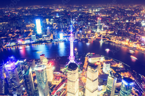 Aerial View of Lujiazui Financial District at night in Shanghai China