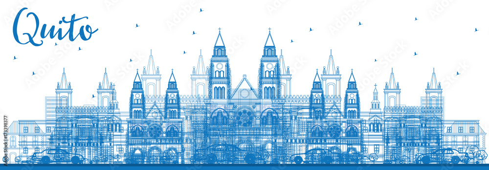 Outline Quito Skyline with Blue Buildings.