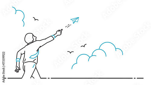 Businessman playing paper origami airplane flying